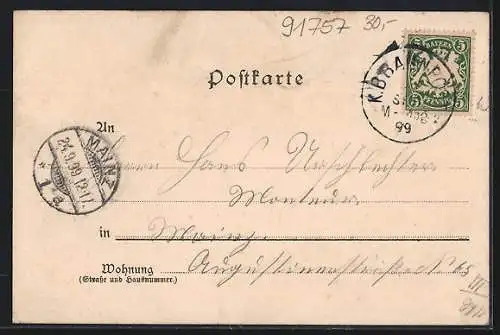 Lithographie Treuchtlingen, Schloss, Bahnhof, Post, Schloss innere Ansicht, Totalansicht