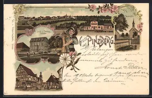 Lithographie Pinzberg, Hotel & Terrasse Zametzer, Mariakapelle, Strassenpartie, Teilansicht