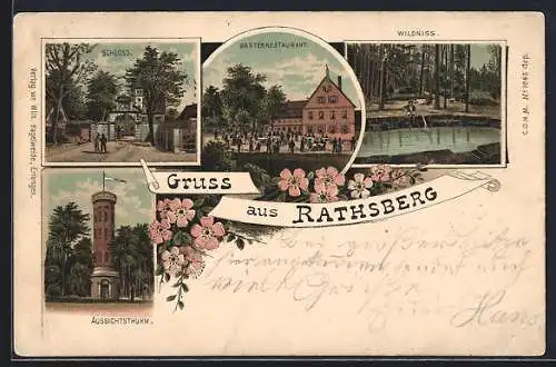 Lithographie Rathsberg, Schloss, Gartenrestaurant, Wildnis