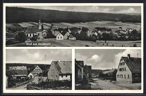 AK Dorsbrunn, Strassenpartien im Ort, Teilansicht mit Kirche
