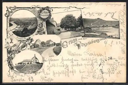 AK Escherndorf, Gasthaus Vogelsburg von G. J. Waller, Kirche, Strassenpartie und Blick ins Tal