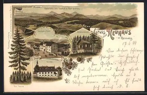 Lithographie Neuhaus /Rennweg, Panorama, Gasthof zur Post, Die Tanne