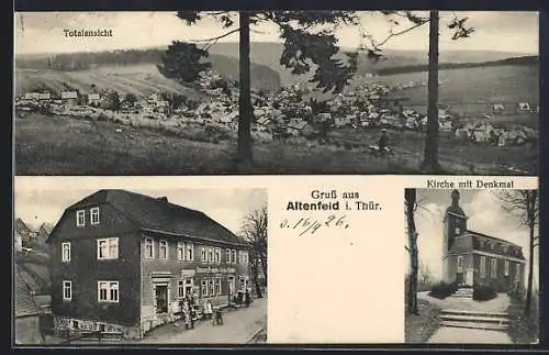 AK Altenfeld i. Thür., Geschäft, Kirche mit Denkmal und Totalansicht