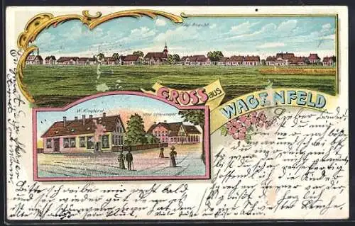 Lithographie Wagenfeld, Hotel Ottensmeyer und Gasthaus W. Kinghorst, Totalansicht