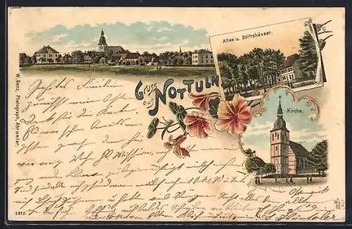 Lithographie Nottuln, Allee und Stiftshäuser, Kirche und Ortsansicht