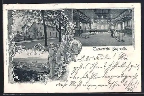 AK Bayreuth, Turnverein, Turnhalle und Strassenpartie, Turner mit Fahne, Turnvater Jahn