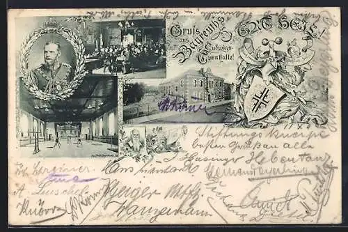 Künstler-AK Bayreuth, Ludwigs-Turnhalle - Gebäude, Versammlung, Innenansicht, Wappen