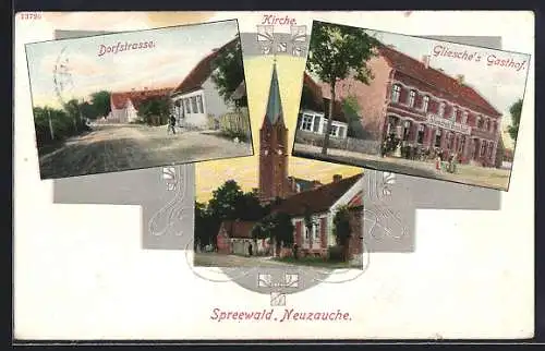 AK Neuzauche /Spreewald, Gliesche`s Gasthof, Dorfstrasse und Kirche