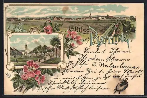 Lithographie Plattling, Strassenpartie mit Blick zur Kirche, Totalansicht