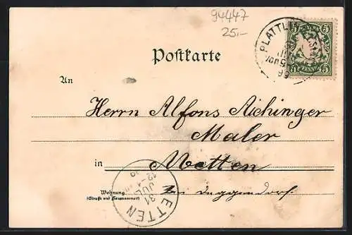 Lithographie Plattling, Strassenpartie mit Blick zur Kirche, Totalansicht