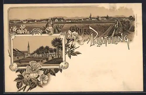 Lithographie Plattling, Marktplatz mit Kirche, Gesamtansicht