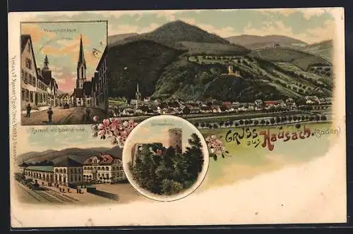 Lithographie Hausach, Hauptstrasse, Bahnhof mit Bahnhof-Hotel, Schlossruine