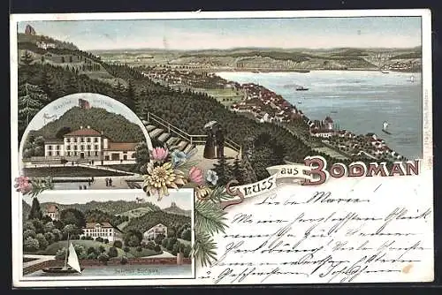 Lithographie Bodman, Schloss Bodman, Gasthof zur Linde, Panorama