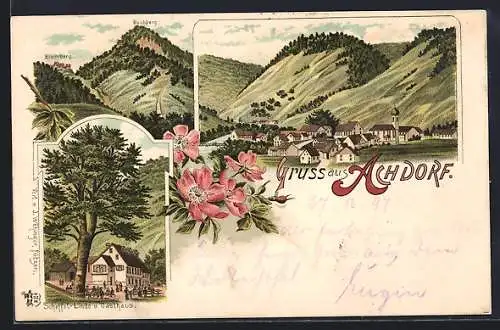 Lithographie Achdorf / Wutachtal, Gasthaus und Scheffet-Linde, Blumberg und Buchberg, Totalansicht