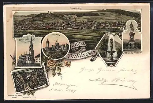 Lithographie Tuttlingen, Kathol. Kirche, Schneckenburger Denkmal, Totalansicht