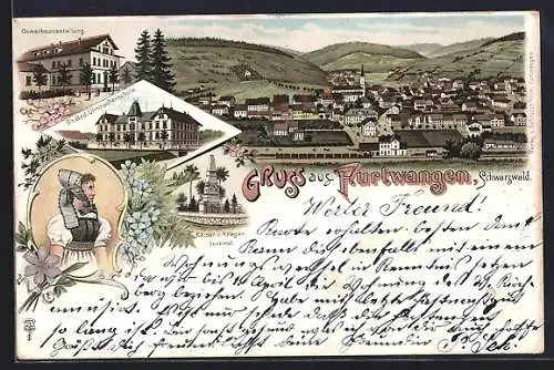 Lithographie Furtwangen /Schwarzwald, Gewerbeausstellung, Gr. Bad. Uhrmacherschule, Kaiser- und Kriegerdenkmal
