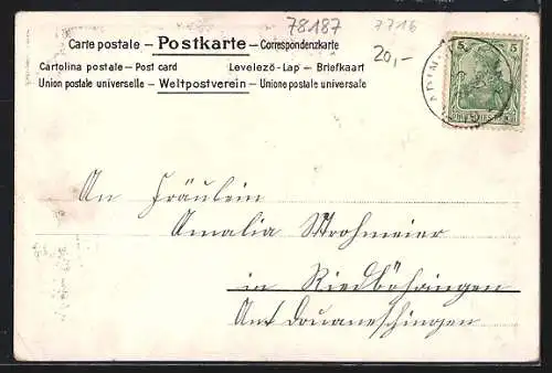 Lithographie Geisingen / Baden, Rathaus, Kriegerdenkmal und Strassenpartie