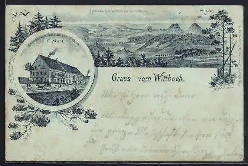 Mondschein-Lithographie Tuttlingen, Gasthaus zum Kranz auf dem Witthoch, Bes. F. Matt, Panorama