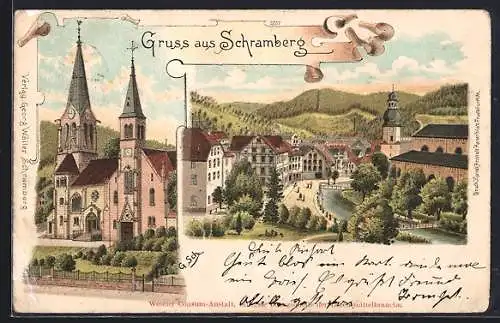 Lithographie Schramberg, Kirche und Ortspartie