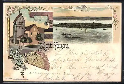 Lithographie Reichenau, Münster und Insel Reichenau