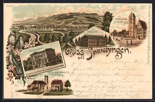 Lithographie Spaichingen, Gesamtansicht, Gewerbemuseum, Dreifaltigkeitskirche und Stadtpfarrkirche