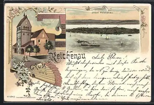 Lithographie Reichenau, Münster und Insel Reichenau