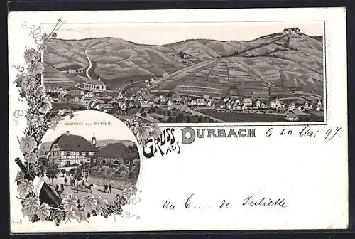 Lithographie Durbach, Gasthaus zum Ritter, Ortsansicht