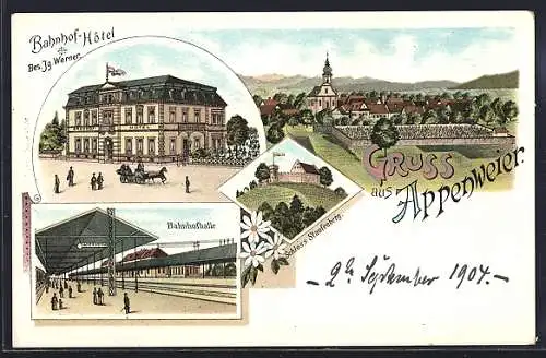 Lithographie Appenweier, Bahnhofhalle, Bahnhof-Hotel, Schloss Staufenberg
