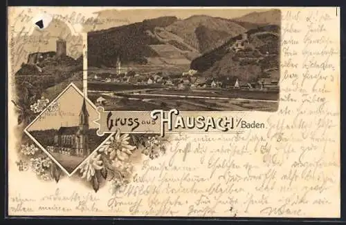 Lithographie Hausach i. Baden, Schlossberg, Neue Kirche und Totalansicht