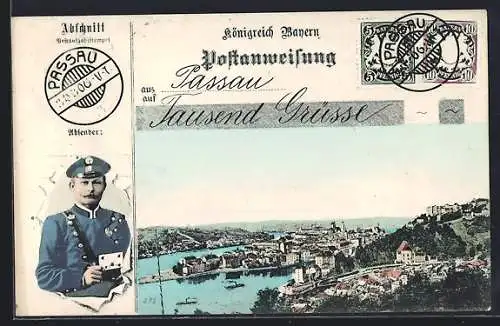 AK Passau, Briefträger, Stadtpanorama