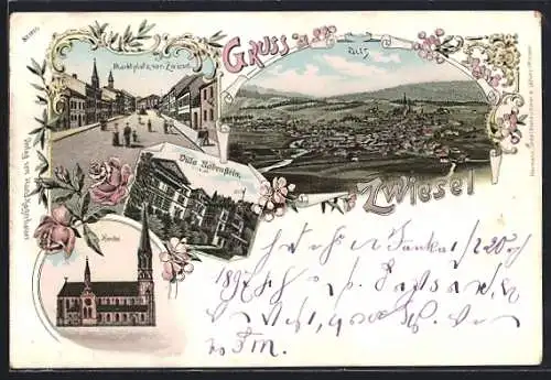 Lithographie Zwiesel / Bayern, Totalansicht mit Bergpanorama, Marktplatz, Kirche