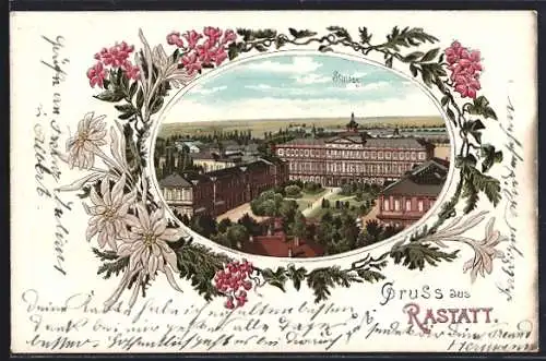Lithographie Rastatt, Schloss im Blumenrahmen mit Edelweis