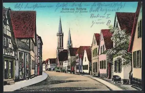 AK Bellheim, Hauptstrasse mit Kirchen