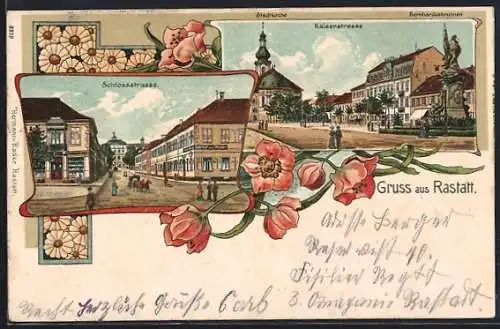 Lithographie Rastatt, Schlossstrasse mit Gasthof zum Wagen, Kaiserstrasse mit Stadtkirche und Berhardusbrunnen