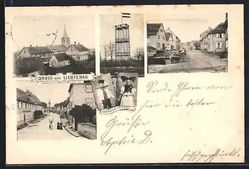 AK Lichtenau / Baden, Strassenpartie, Aussichtsturm und Hanauer Tracht