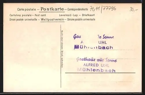 Lithographie Mühlenbach / Haslach, Ortsansicht aus der Vogelschau, Gasthaus zur Sonne