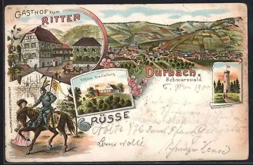 Lithographie Durbach /Schwarzwald, Gasthof zum Ritter, Schloss Staufenberg, Brandeckthurm