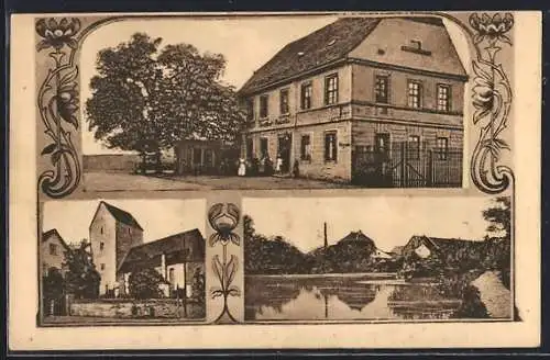 AK Pausitz b. Trebsen, Gasthaus Pausitz, Kirche und Teichpartie