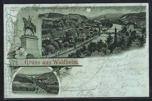 Mondschein-Lithographie Waldheim / Sachsen, Kaiser-Standbild, Eisenbahn-Brücke und Totalansicht