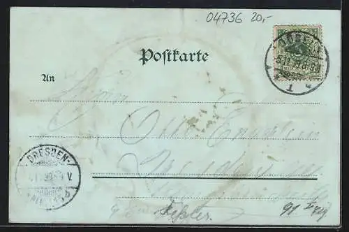 Mondschein-Lithographie Waldheim / Sachsen, Kaiser-Standbild, Eisenbahn-Brücke und Totalansicht