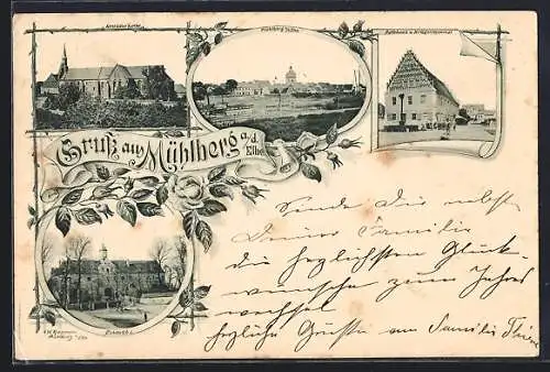 AK Mühlberg a. d. Elbe, Schloss, Rathaus und Kriegerdenkmal, Altstädter Kirche