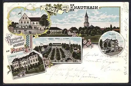 Lithographie Knauthain, Gasthof am Park, Bahnhof, Schloss, Concert-Garten und Ballsaal, Ortsansicht