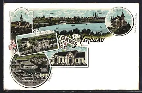 Lithographie Nerchau, Farbenfabrik, Villa Hessel, Schützenhaus