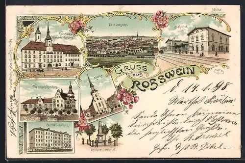 Lithographie Rosswein, Central-Schulhaus, Bahnhof, Kriegerdenkmal, Rathaus und Handwerkhaus, Kirche