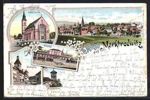 Lithographie Marktredwitz, neue kath. Kirche, Marktplatz, Bahnhof, Gesamtansicht