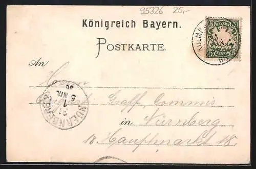 Lithographie Kulmbach, Renthurm, Kunst-Brunnen, Ortspartie, Gesamtansicht