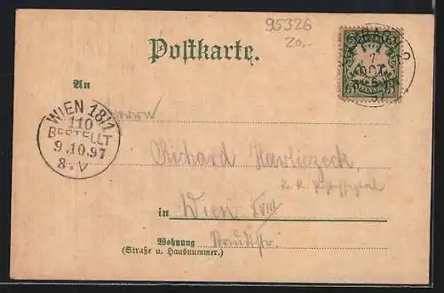 Lithographie Kulmbach, Realschule, Vereinshaus und Post, Rehturm und Kunstbrunnen
