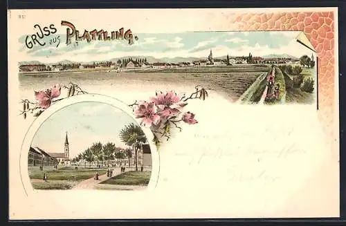 Lithographie Plattling, Teilansicht, Ortspartie mit Kirche