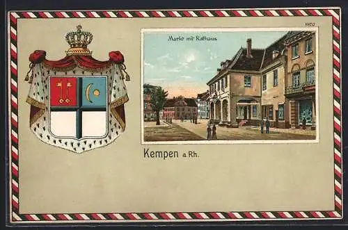 Passepartout-Lithographie Kempen a. Rh., Markt mit Rathaus, Wappen