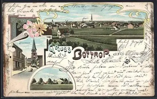Lithographie Bottrop, Schloss Wallheim, Hauptstrasse mit Kirche